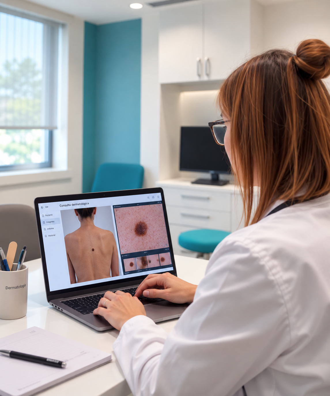 Dermatóloga revisando una consulta online con imágenes clínicas en el ordenador