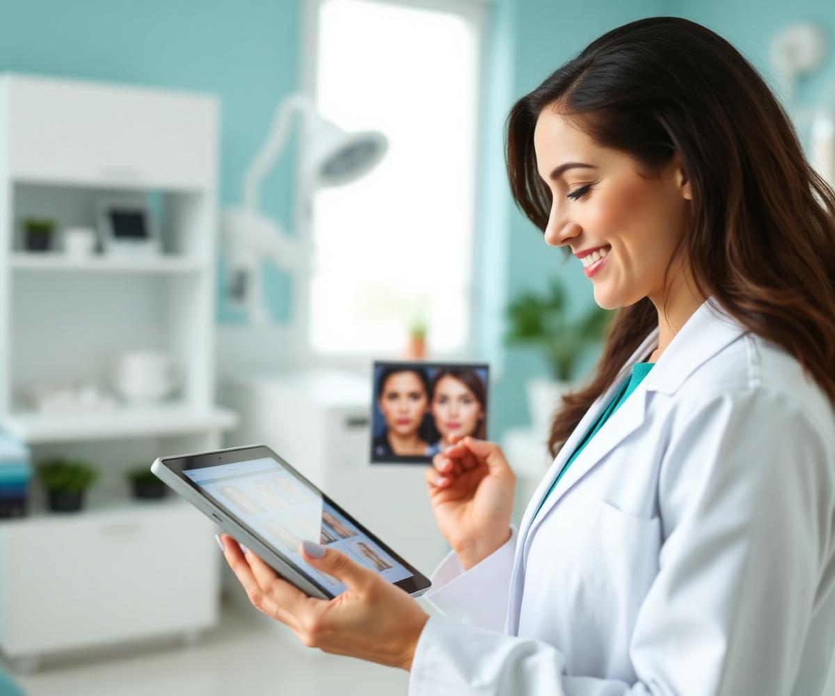 Dermatóloga revisando fotografías clínicas en una tablet